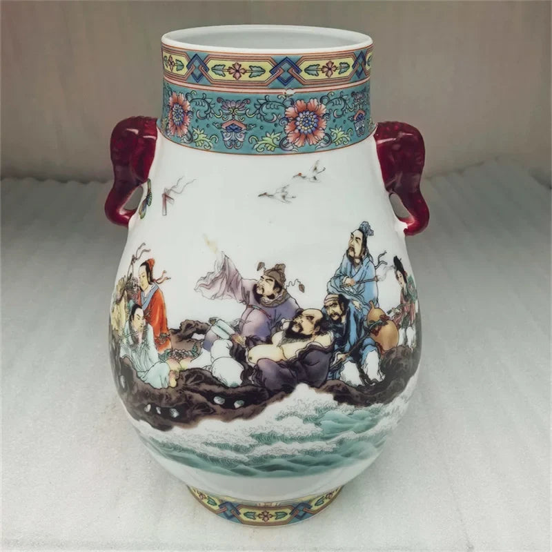 Chinese Old Design Porcelain Double Eared Big Belly Vase Pastel Eight Immortals