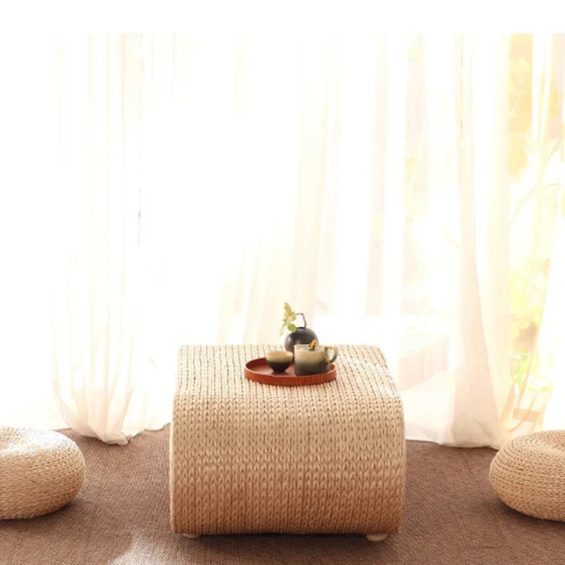 Japanese Living Room Coffee Desk Handmade Grass Weaving Tea Table Bay Window Balcony Rectangular Rattan Straw Low Kang Tables
