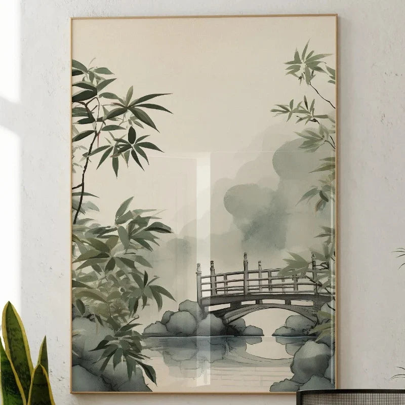 Minimalist Japanese Bamboo Forest & Crane Zen Wall Art Print