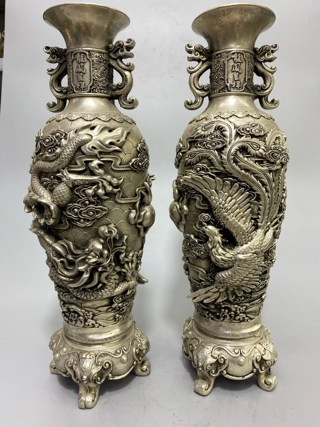 Tibetan Temple Vintage Bronze Pixiu Ear Vase – Gilded Silver Dragon & Phoenix (15")