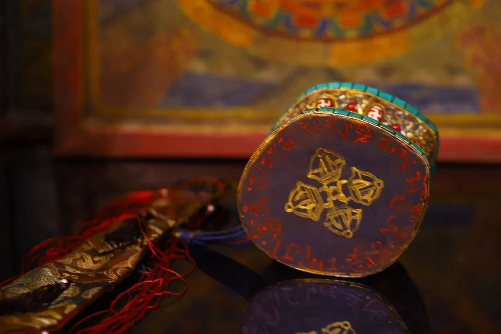 Vintage Tibetan Temple Turquoise Mosaic Damaru – Gzi Bead & Shell Buddhist Drum
