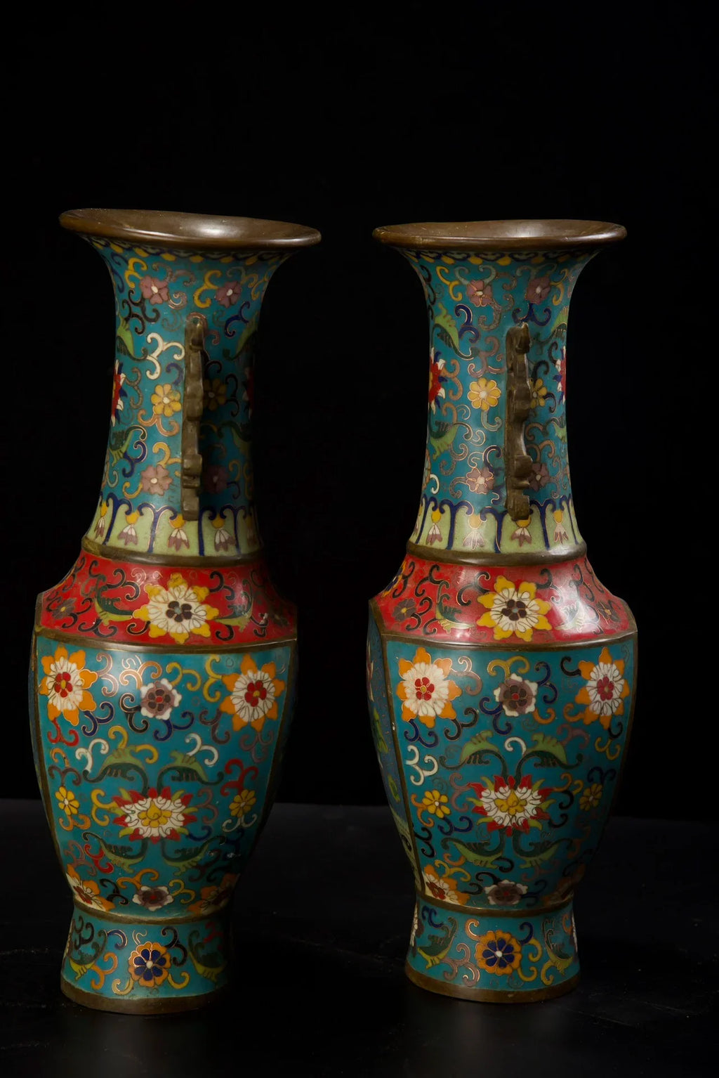 Tibetan Temple Cloisonné Lotus Vases – Old Bronze Dragon-Ear Pair (15")