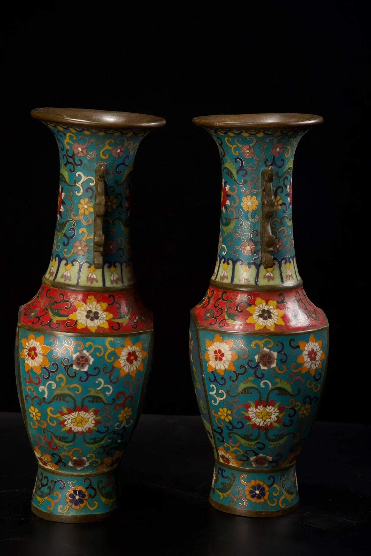 Tibetan Temple Cloisonné Lotus Vases – Old Bronze Dragon-Ear Pair (15")