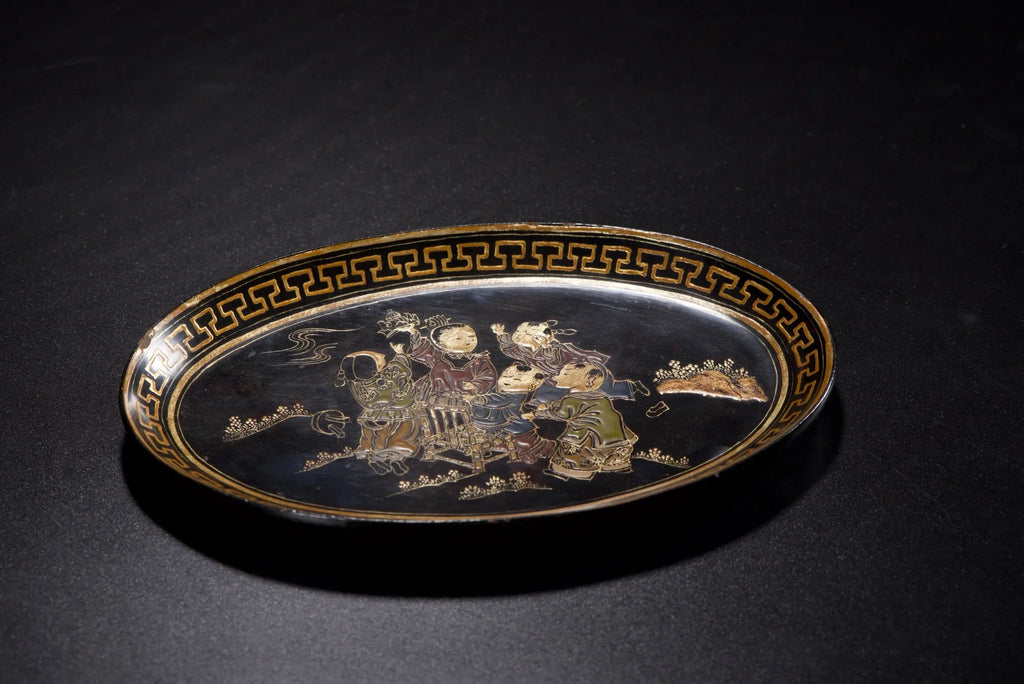Old Wood Lacquerware Gold-Outlined 'Five Blessings' Decorative Plate