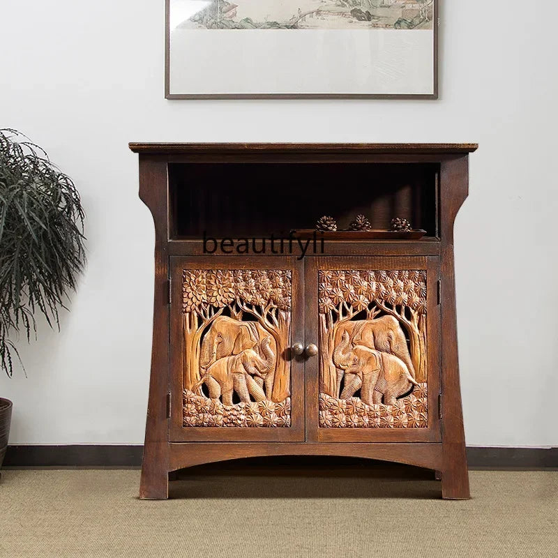 Southeast Asian Solid Wood Hand-Carved Entryway & Storage Cabinet