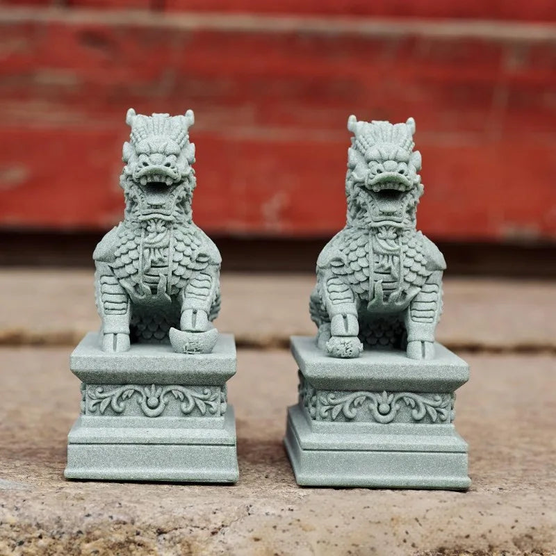 1 Pair of Guardian Kylin Statues Chinese Feng Shui Decorative Figurines Home Living Room Bar Cafe Decor Desk Ornament