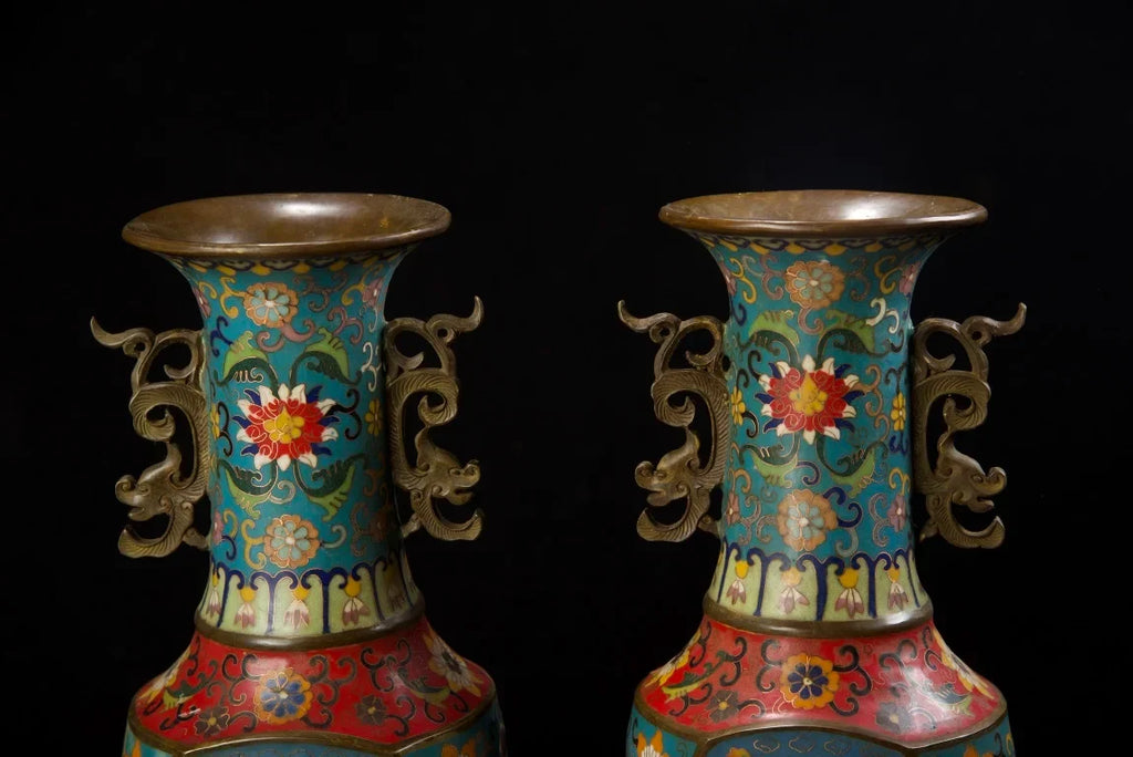 Tibetan Temple Cloisonné Lotus Vases – Old Bronze Dragon-Ear Pair (15")