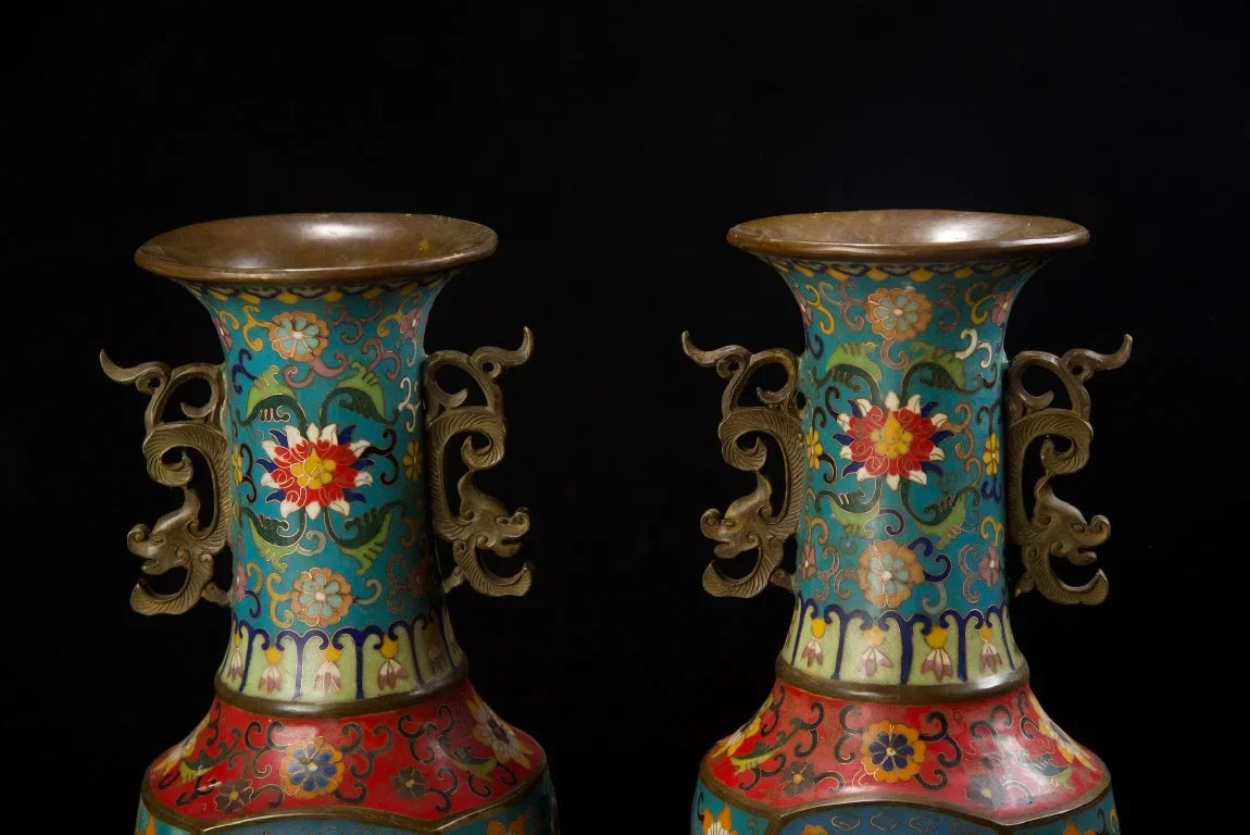 Tibetan Temple Cloisonné Lotus Vases – Old Bronze Dragon-Ear Pair (15")