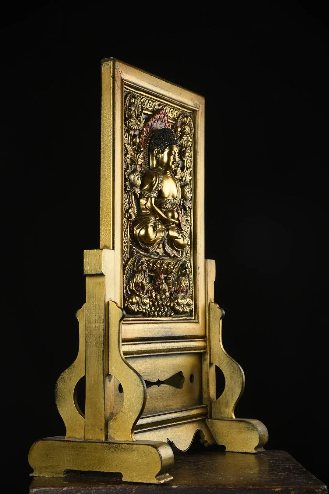 25" Xizang Vintage Lacquerware Gilded True Gold Painted Shakyamuni Two-sided Thangka Screen Insertion