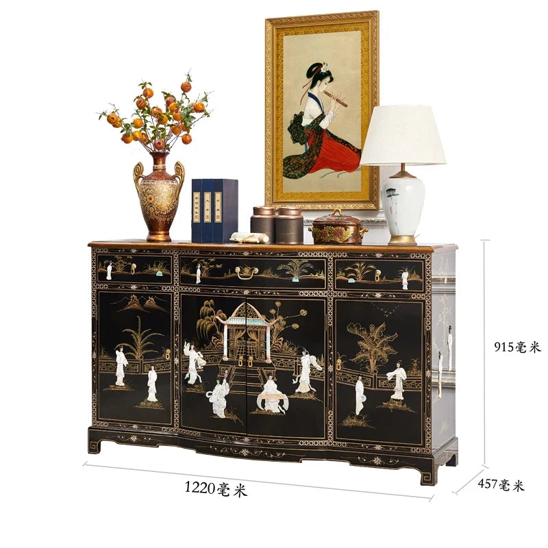 Bright Lacquered Solid Wood Entryway Cabinet – Classical Inlaid Shell Credenza