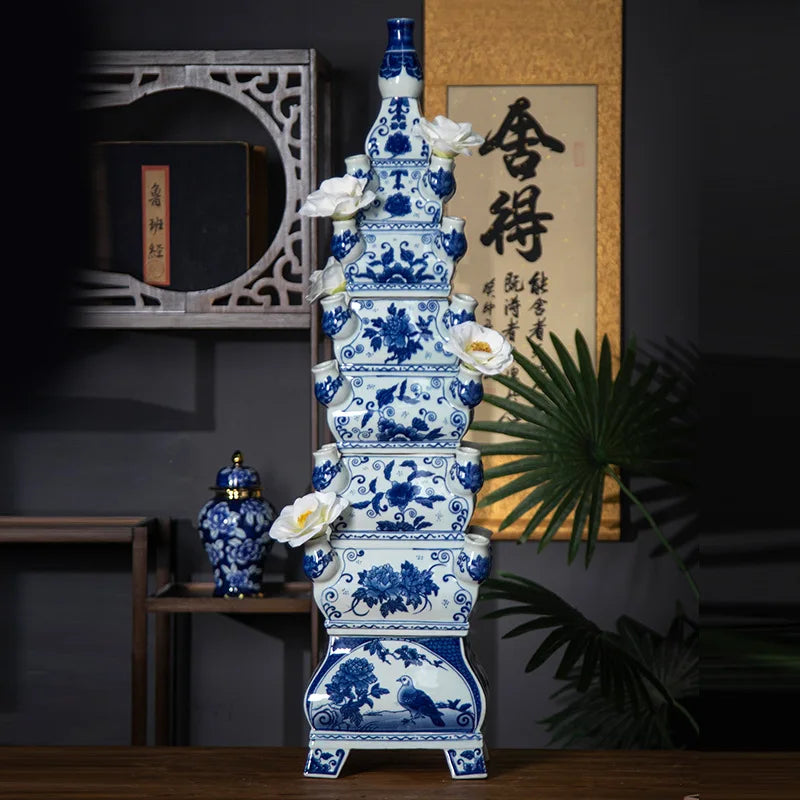 Tall Chinese Pagoda Floor Vase – Ceramic Statement Vessel for Entry & Living Room