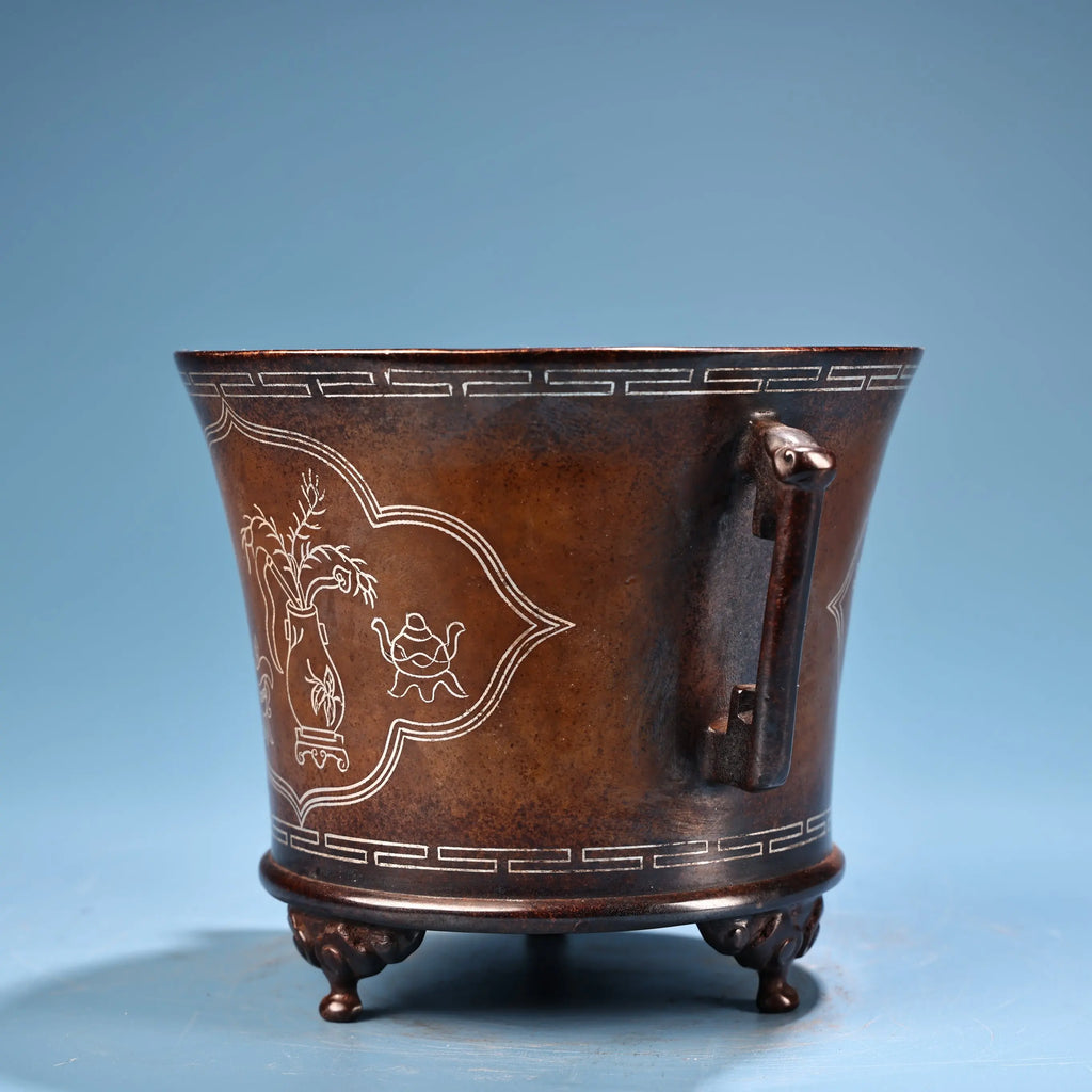 Tibetan Temple Purple-Bronze Incense Burner – Semi‑Antique Ruyi Ear Censer with Silver Inlay (6")
