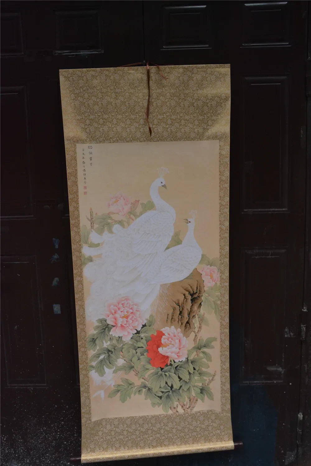 Qing Dynasty Style Peony & Peacock Long Axis Scroll Painting – Hand-Painted Chinese Wall Art
