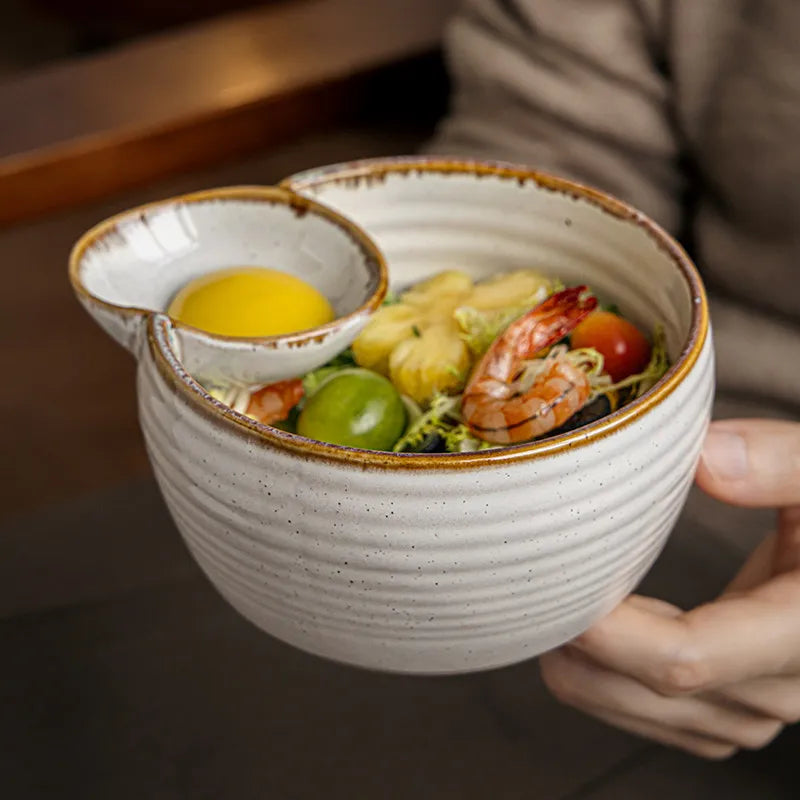 Japanese Ceramic Salad Bowl with Integrated Dip Cup – Reactive Glaze Serving Bowl