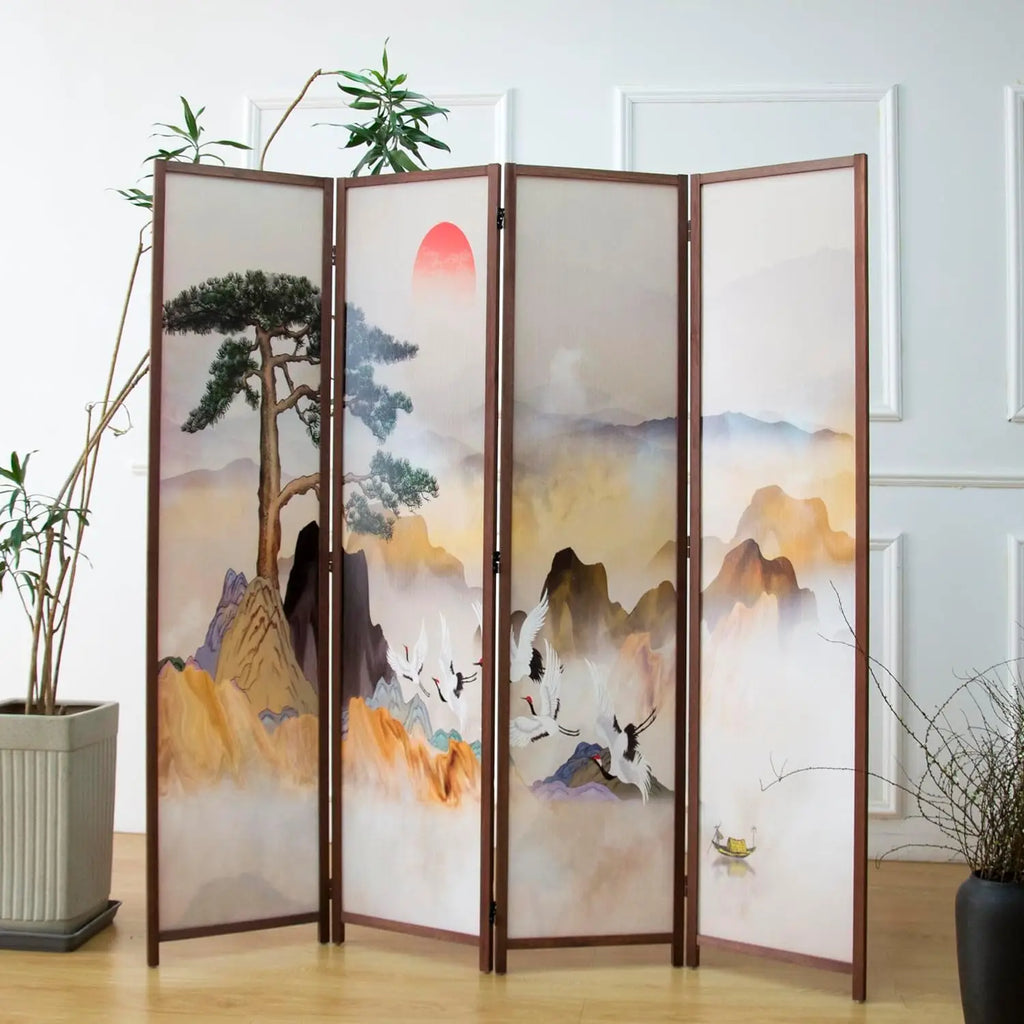 4 Panel Room Divider, Double-Sided Folding Privacy Screen for Home Office – Freestanding Wall Partition with New Chic Colorful Landscape 67" H x 63" W - 5.6 ft Tall