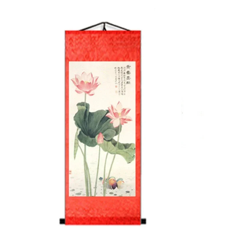 Chinese Style Lotus Scroll Paintings Wall Art Posters Vintage Room Decor Aesthetic Wall Hanging Living Room Office Picture Mural