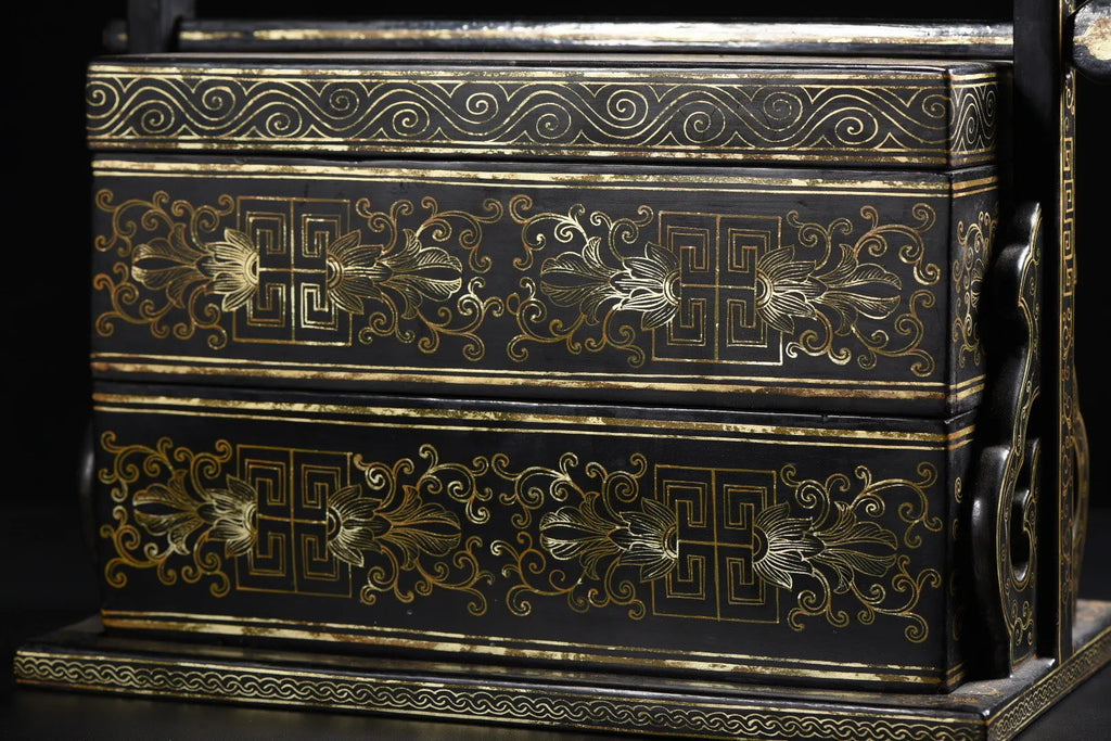 13" Wood Lacquer Gold Flower Lifting‑Beam Food Box – Asian Home Decor Storage