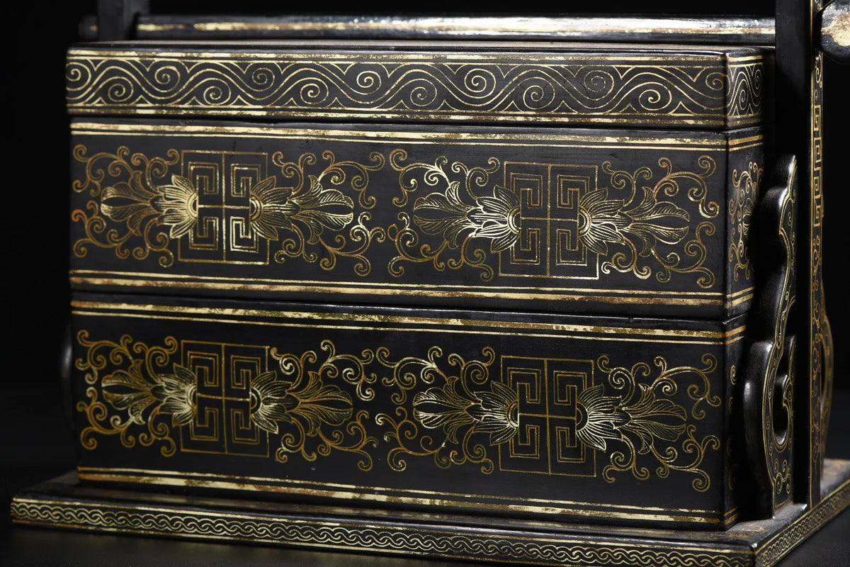 13" Wood Lacquer Gold Flower Lifting‑Beam Food Box – Asian Home Decor Storage