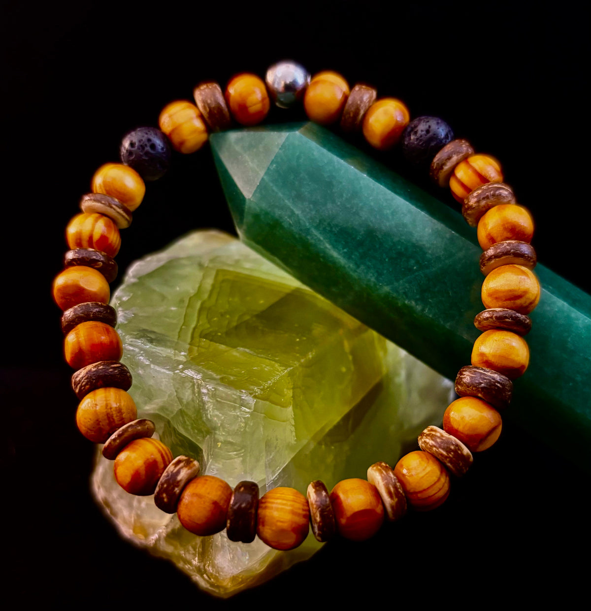Reiki-Infused Natural Wood & Lava Rock Bracelet with Coconut Shell Spacers for Grounding & Solar Plexus Strength