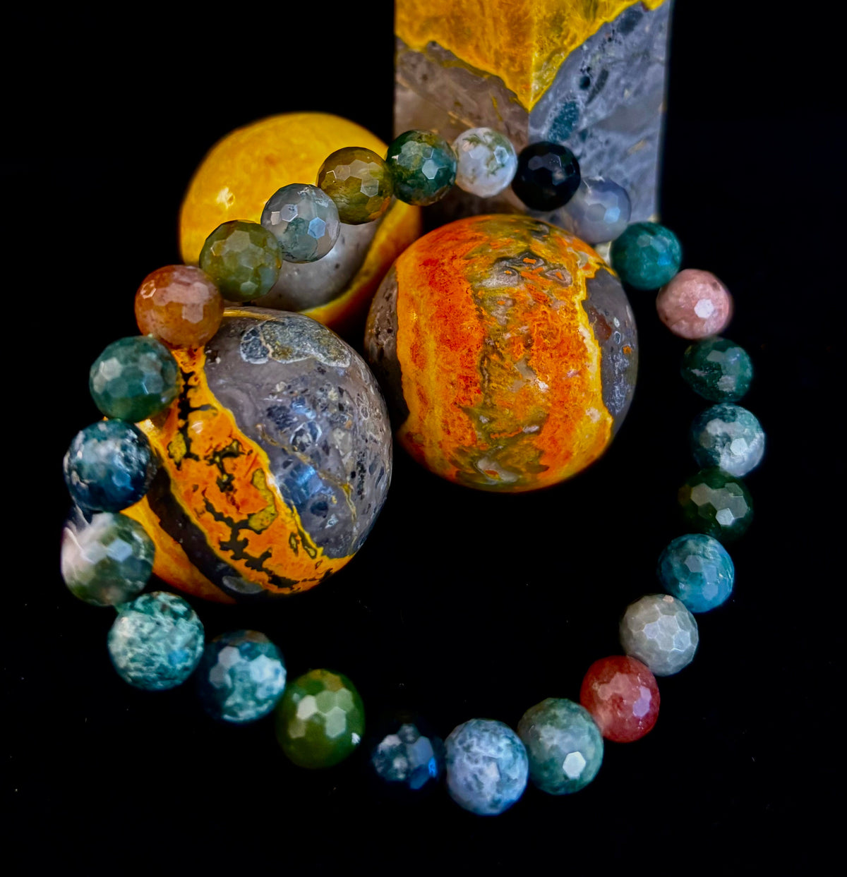 Reiki-Infused Faceted Indian Agate Bracelet for Inner Peace, Grounding & Emotional Harmony (8mm)