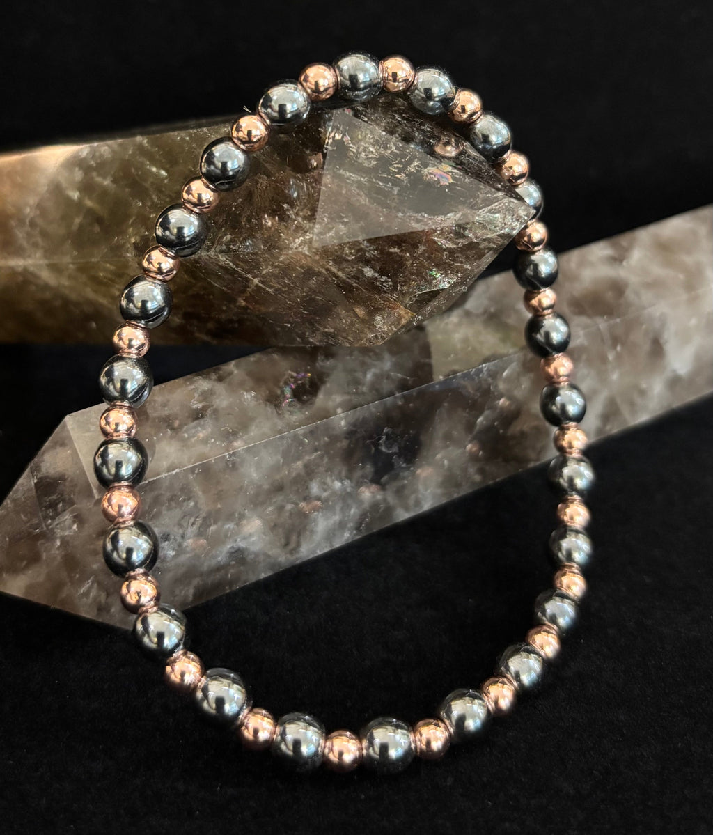 Reiki-Infused Hematite & Copper Conductor Bracelet for Grounding, Vitality & Protection (4mm/3mm, Fits up to 8" Large Wrists)