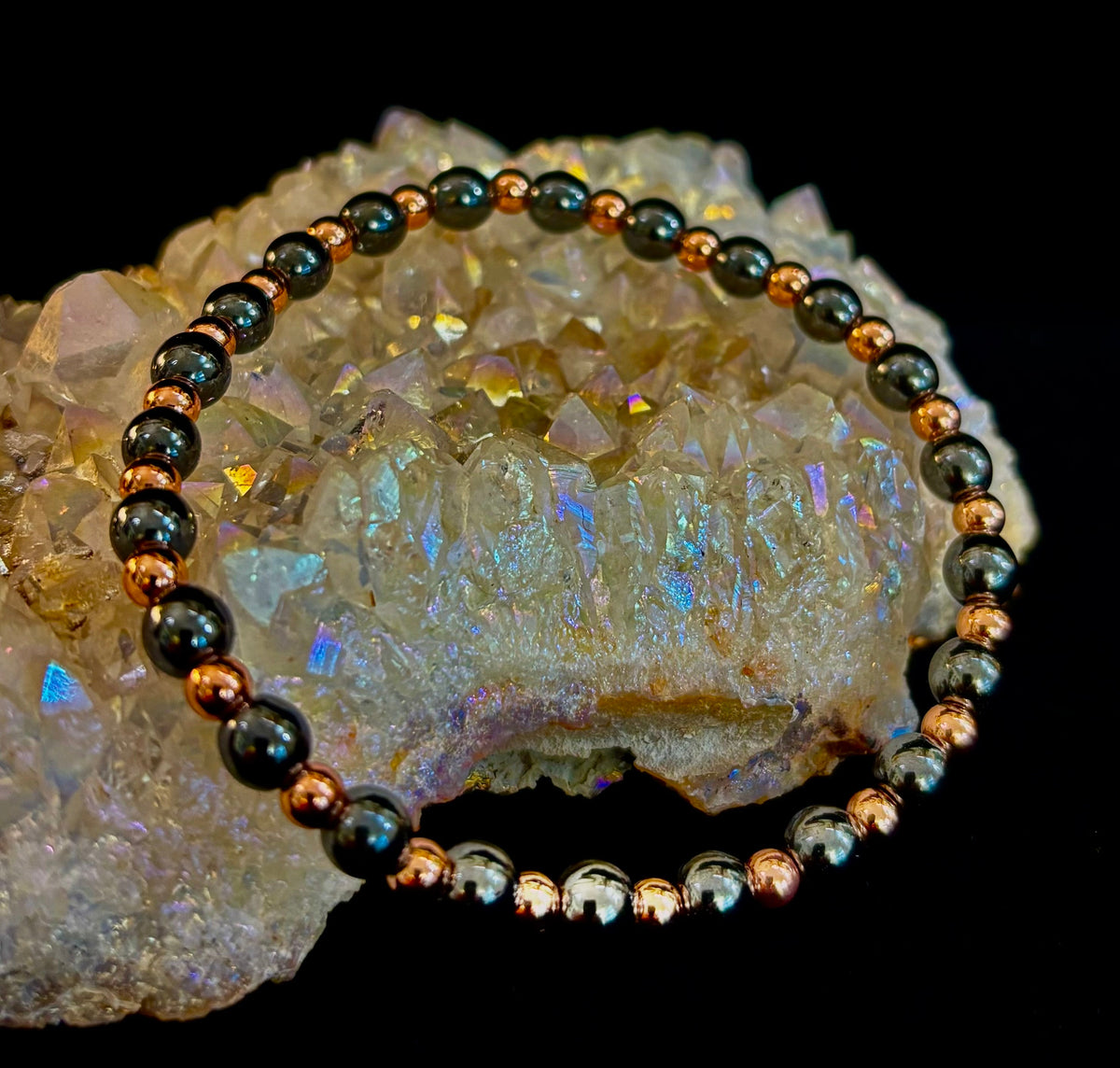 Reiki-Infused Hematite & Copper Conductor Bracelet for Grounding, Vitality & Protection (4mm/3mm, Fits up to 8" Large Wrists)