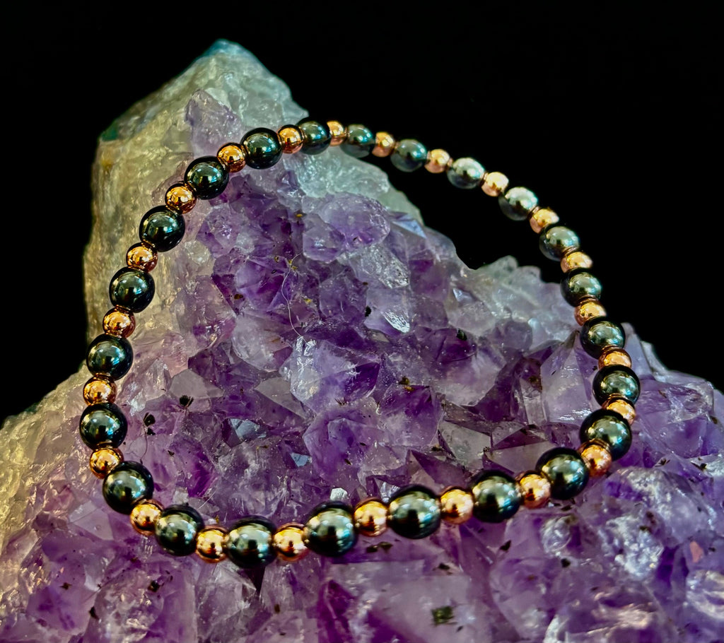 Reiki-Infused Hematite & Copper Conductor Bracelet for Grounding, Vitality & Protection (4mm/3mm, Fits up to 8" Large Wrists)
