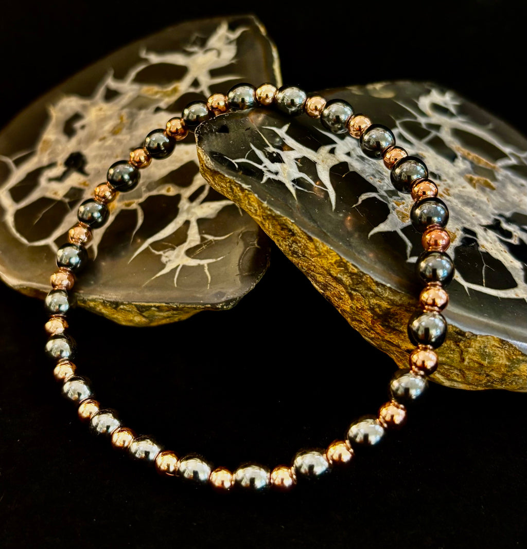 Reiki-Infused Hematite & Copper Conductor Bracelet for Grounding, Vitality & Protection (4mm/3mm, Fits up to 8" Large Wrists)