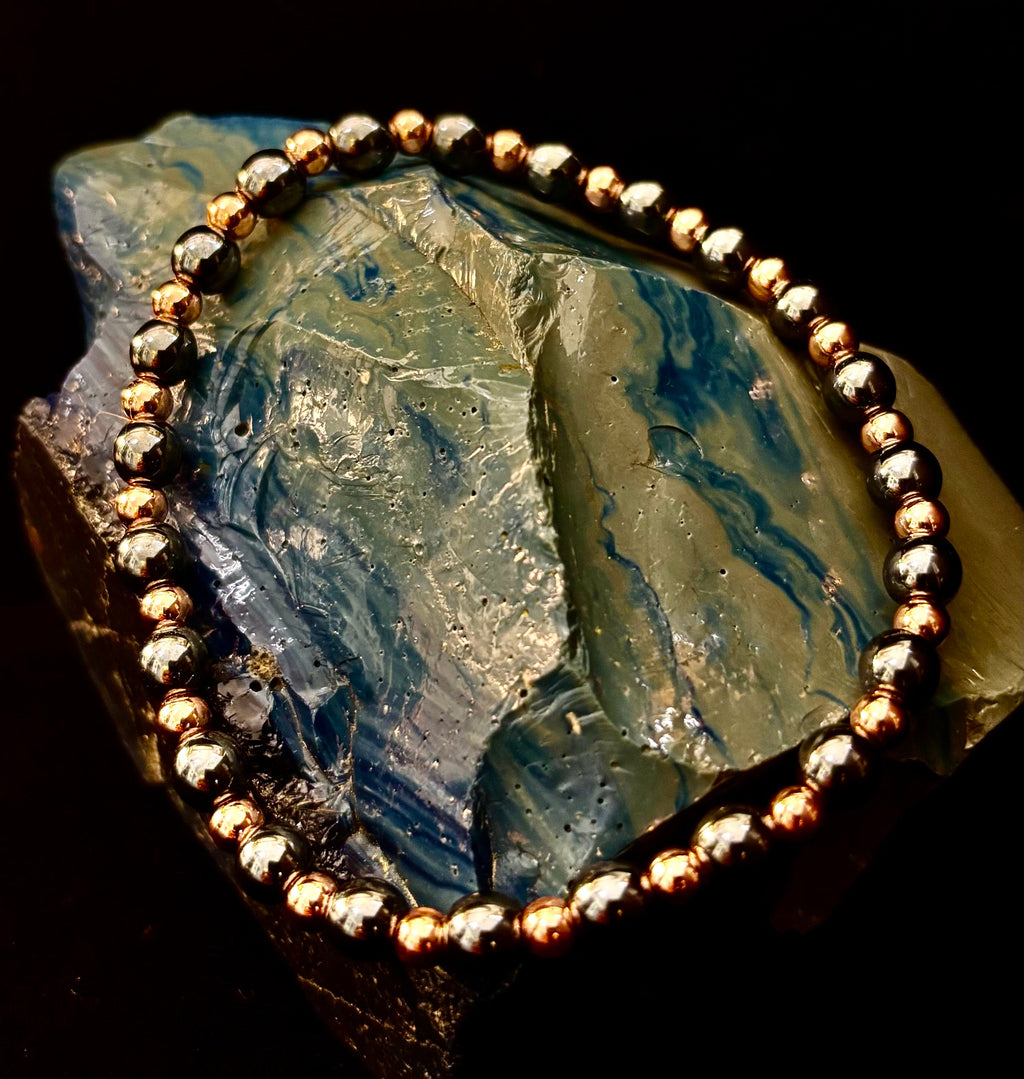 Reiki-Infused Hematite & Copper Conductor Bracelet for Grounding, Vitality & Protection (4mm/3mm, Fits up to 8" Large Wrists)