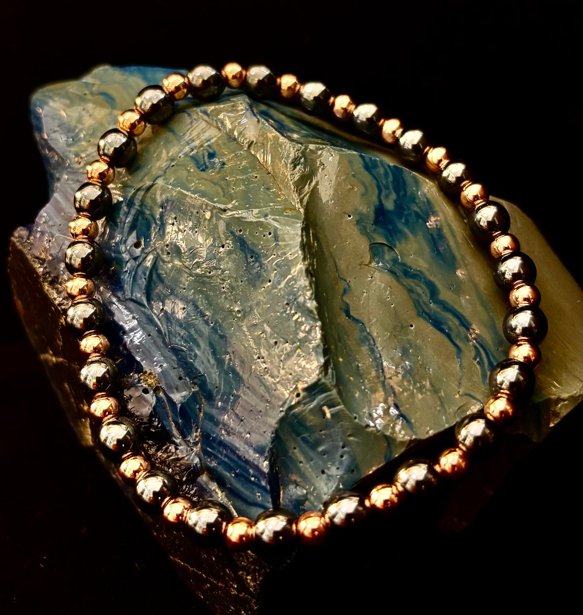 Reiki-Infused Hematite & Copper Conductor Bracelet for Grounding, Vitality & Protection (4mm/3mm, Fits up to 8" Large Wrists)