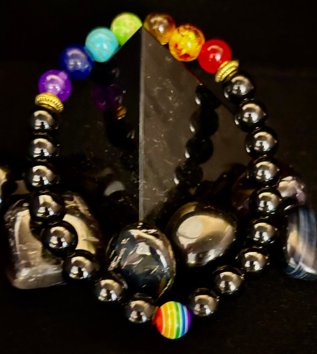 🌈 Faux Stone Chakra Bracelets with LGBTQ Pride Bead – White, Black, or Lava Rock