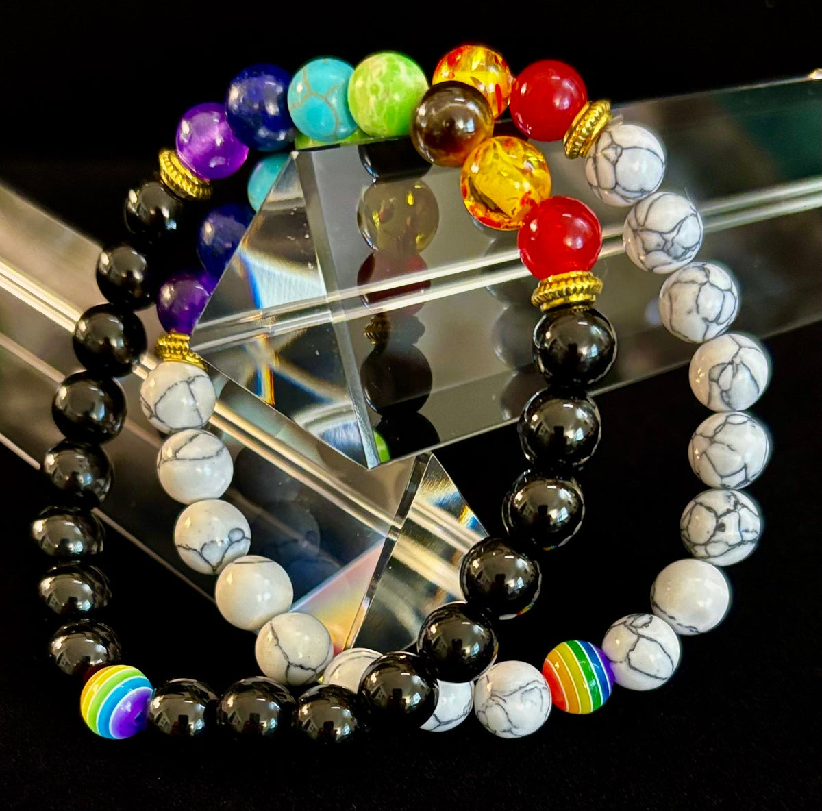 🌈 Faux Stone Chakra Bracelets with LGBTQ Pride Bead – White, Black, or Lava Rock