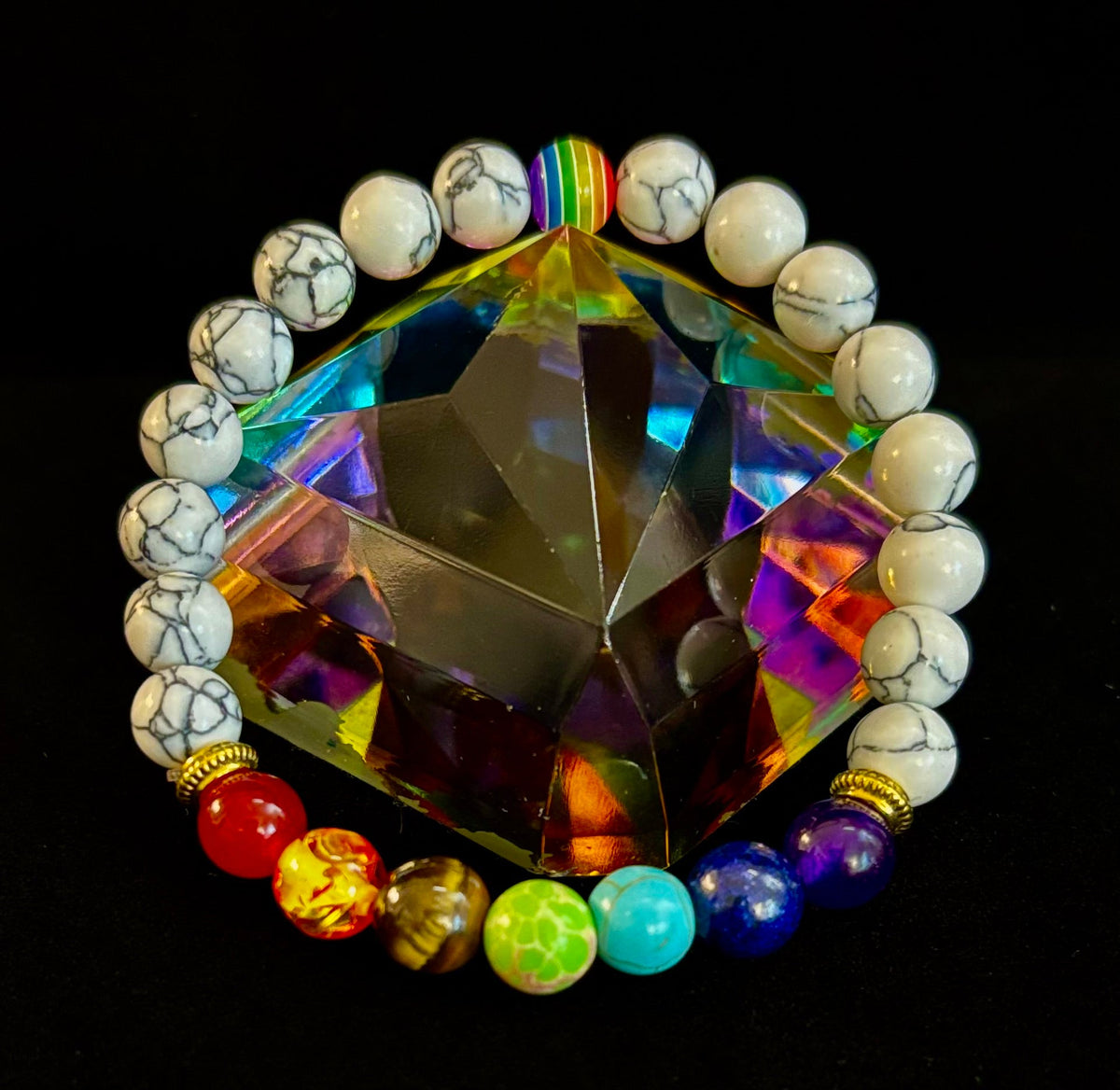 🌈 Faux Stone Chakra Bracelets with LGBTQ Pride Bead – White, Black, or Lava Rock