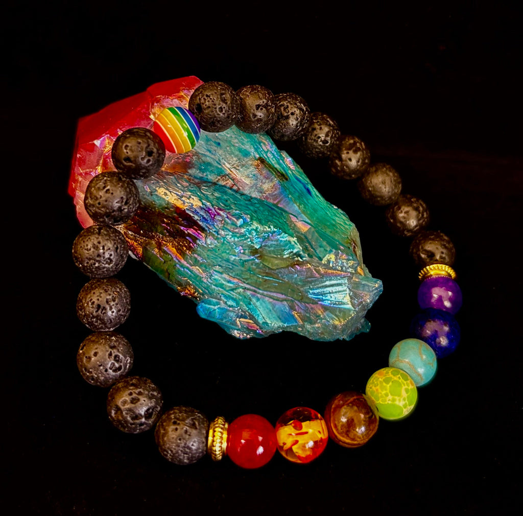 🌈 Faux Stone Chakra Bracelets with LGBTQ Pride Bead – White, Black, or Lava Rock