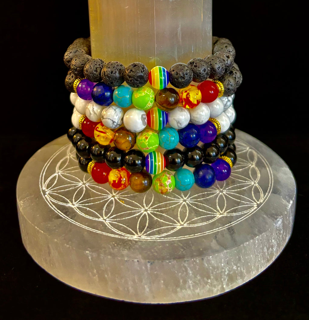 🌈 Faux Stone Chakra Bracelets with LGBTQ Pride Bead – White, Black, or Lava Rock