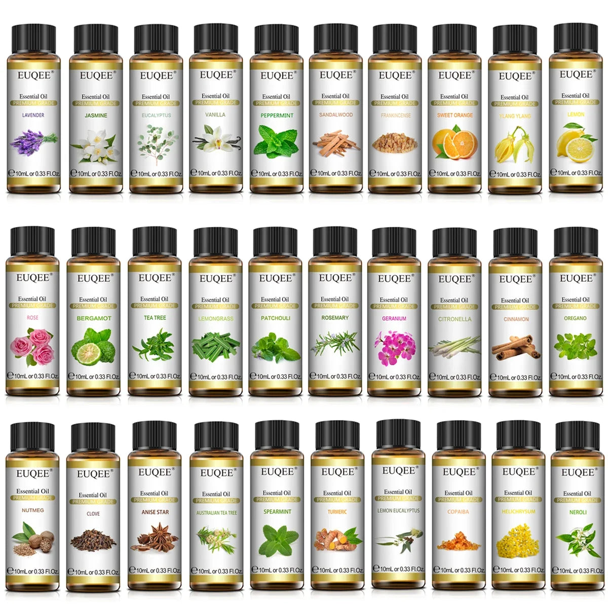 EUQEE 10ml Pure Natural Essential Oil Lavender Jasmine Eucalyptus Vanilla Sandalwood Sweet Orange Lemon Oregano Neroli Fragrance