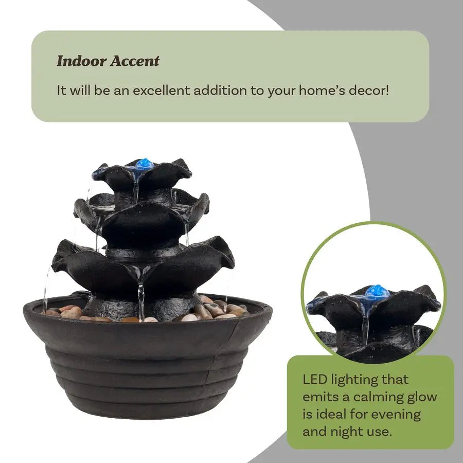 Fountain with LED Lights Cascading 3Tier Lighted Tabletop Water Feature with Soothing Sound Zen Decor for Home or Office by