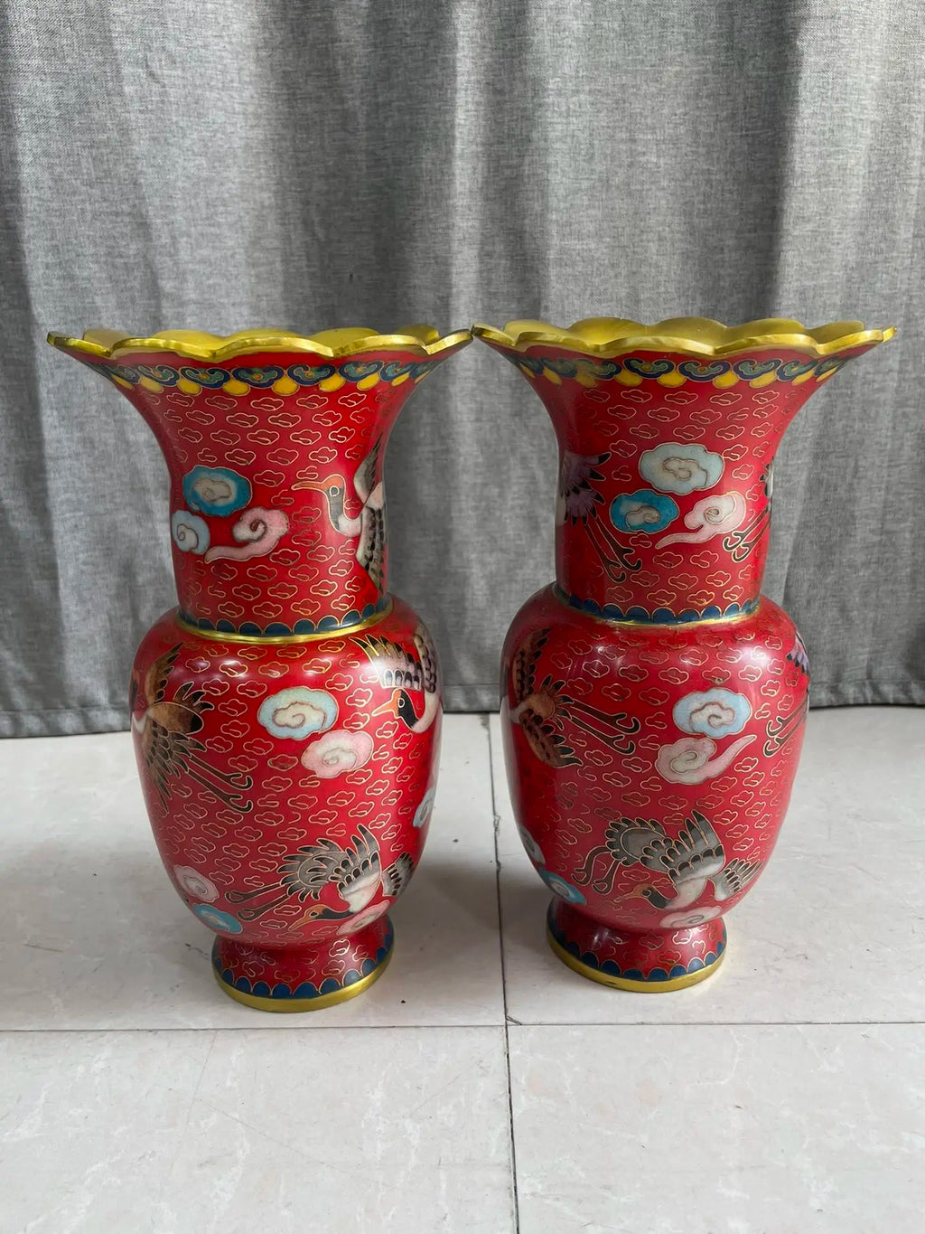 Tibetan Bronze Cloisonné Longevity Crane Vases (Pair, 9")