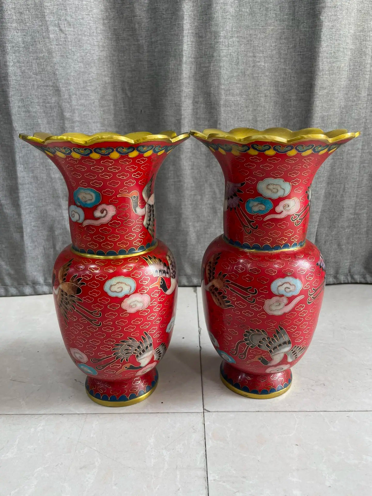 Tibetan Bronze Cloisonné Longevity Crane Vases (Pair, 9")