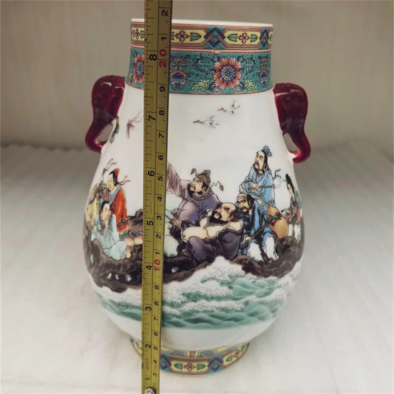 Chinese Old Design Porcelain Double Eared Big Belly Vase Pastel Eight Immortals