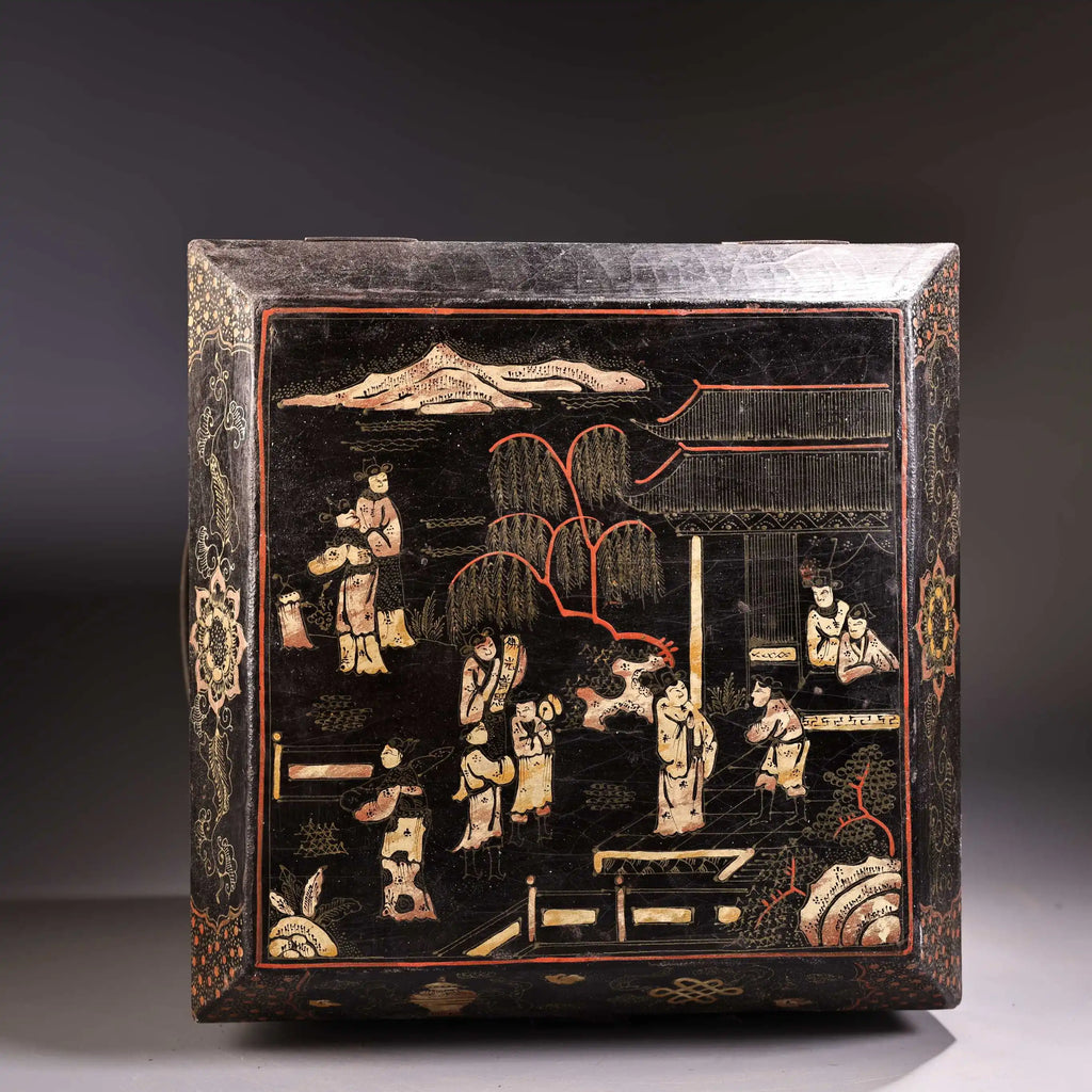 Tibetan Temple Vintage Lacquerware Seal Box – Gold-Outlined Maid & Landscape (28cm)