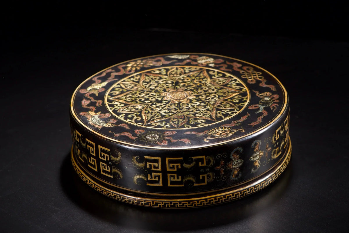 Old Wood Lacquerware Storage Box – Gold Floral & Bat Pattern (Study Wealth Ornament)