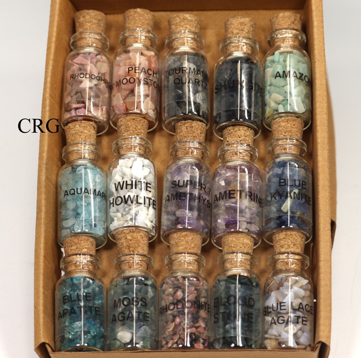 Assorted Gemstone Chip Bottles (75 Pieces)(5 Sets Of 15) Bulk Wholesale Lot Mixed Crystals Minerals