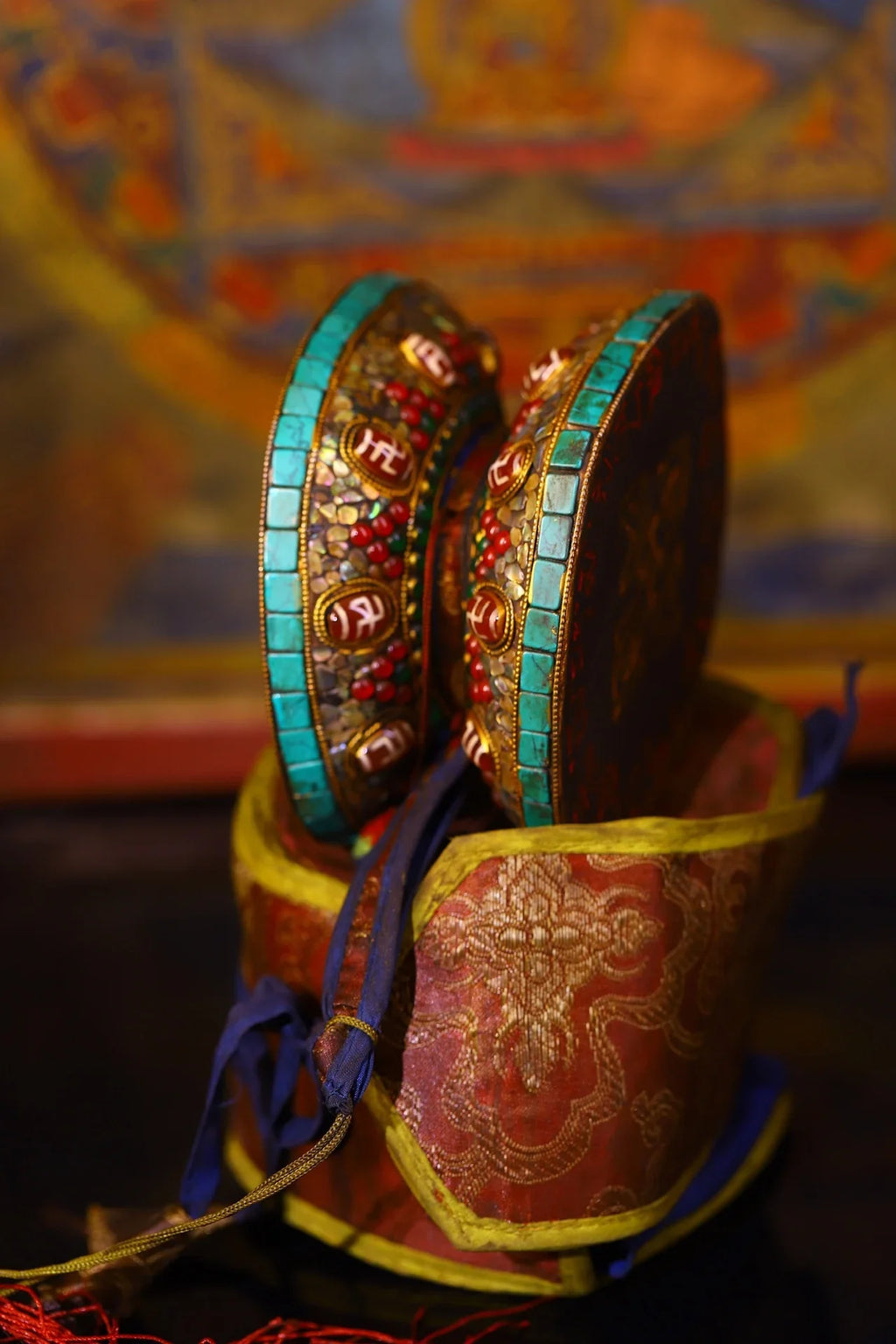 Vintage Tibetan Temple Turquoise Mosaic Damaru – Gzi Bead & Shell Buddhist Drum