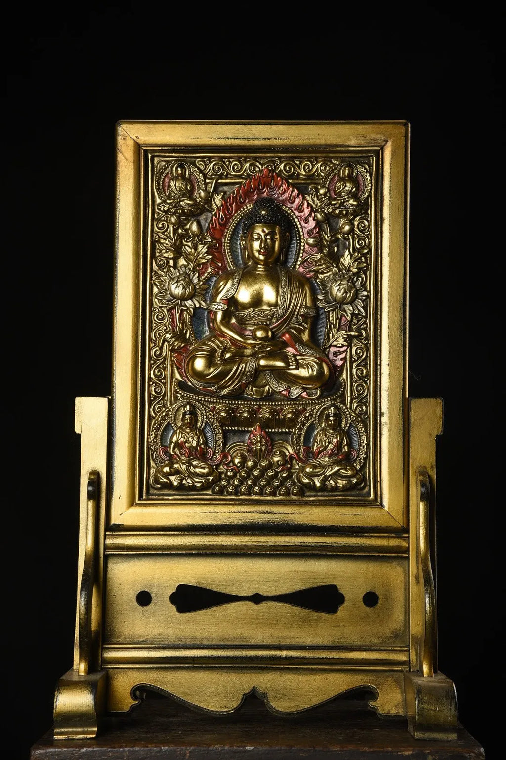 25" Xizang Vintage Lacquerware Gilded True Gold Painted Shakyamuni Two-sided Thangka Screen Insertion