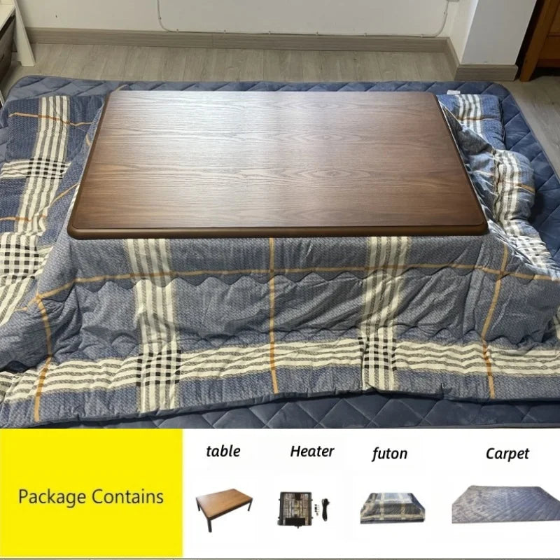 4-Piece Japanese Kotatsu Table Set – Winter Heating Table with Futon, Carpet & Under-Table Heater