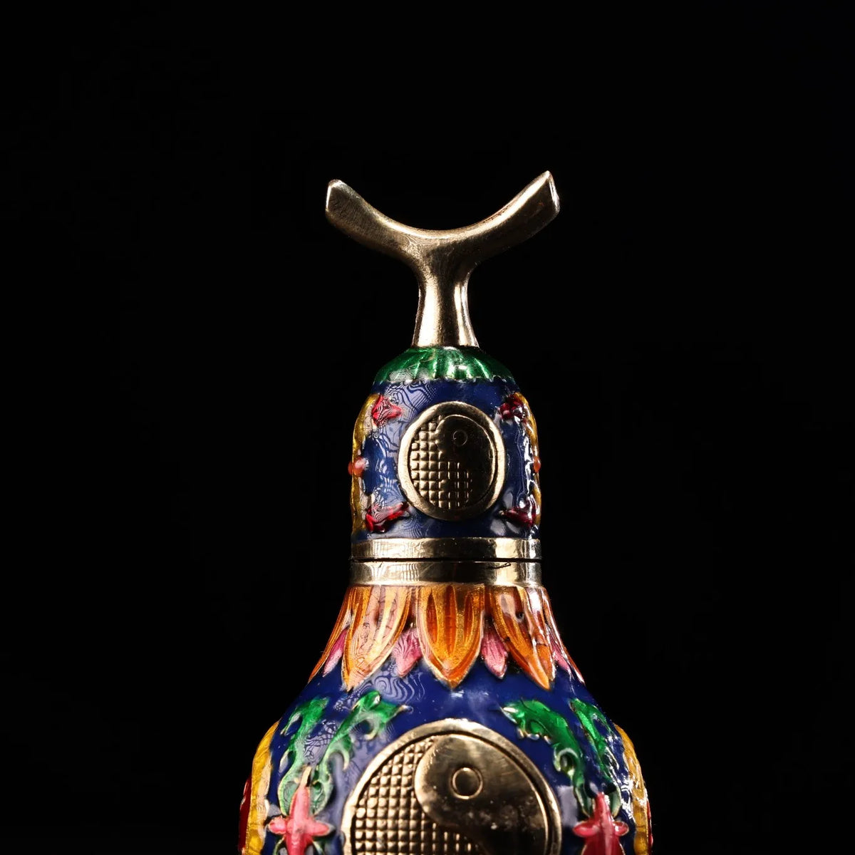Tibetan Temple Taiji Gourd – Bronze Cloisonné Eight Trigrams Wealth & Protection Amulet (6")