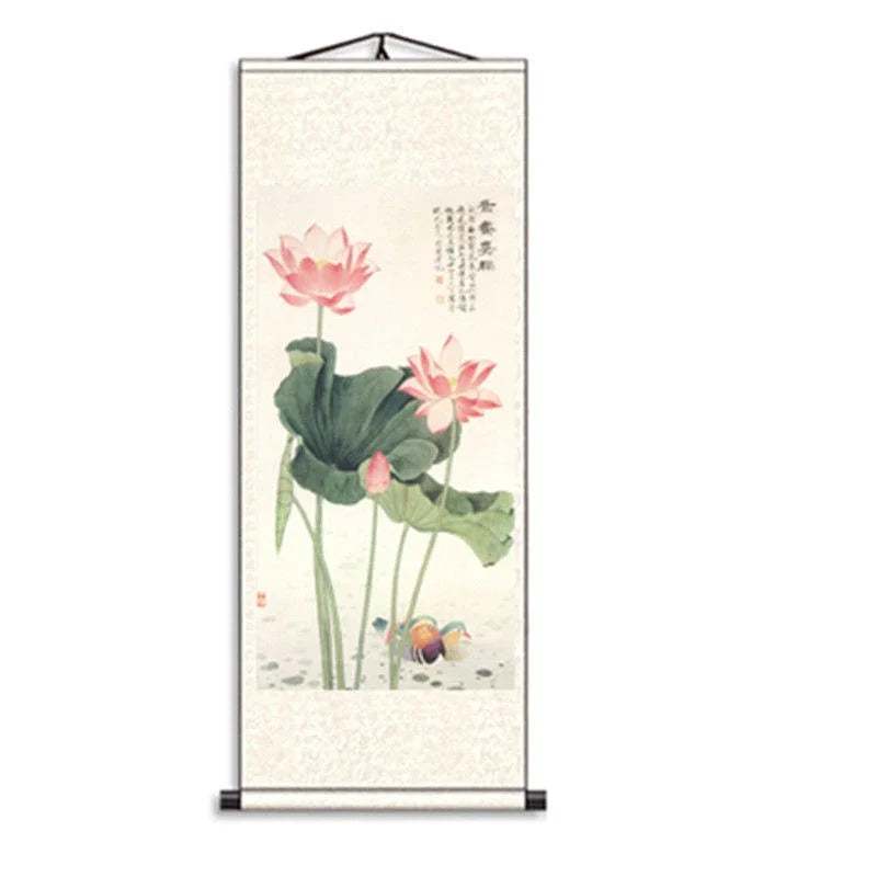 Chinese Style Lotus Scroll Paintings Wall Art Posters Vintage Room Decor Aesthetic Wall Hanging Living Room Office Picture Mural
