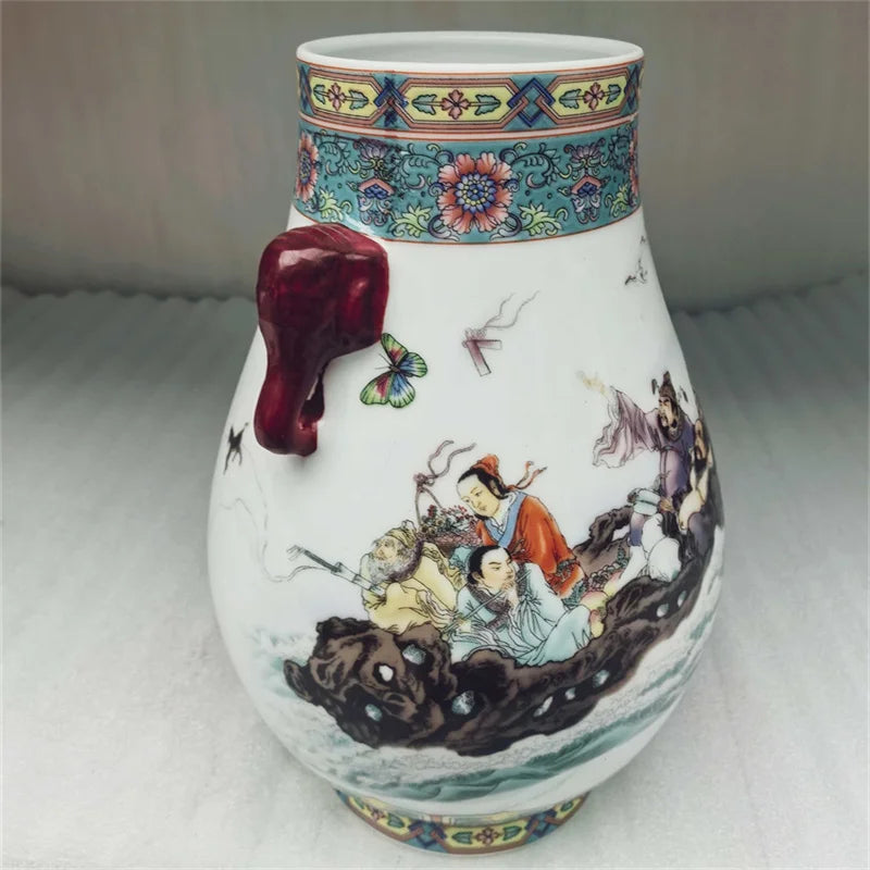 Chinese Old Design Porcelain Double Eared Big Belly Vase Pastel Eight Immortals
