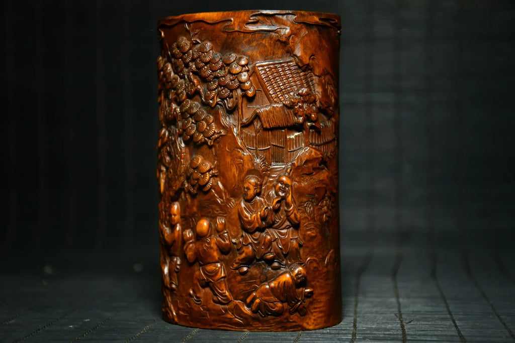 Tibetan Temple Boxwood Pen Holder – Golden Boy & Jade Girl Playing (Study Treasure)
